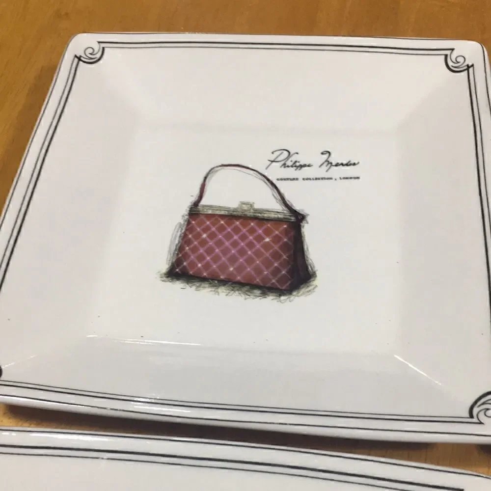 Set of four Sakura plates 8x8 square fashion purses shoes no chips cracks